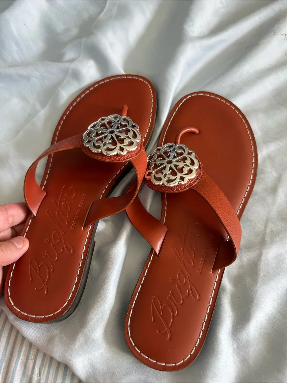 Brighton Orange Leather Thong Sandals with Decorative Medallions